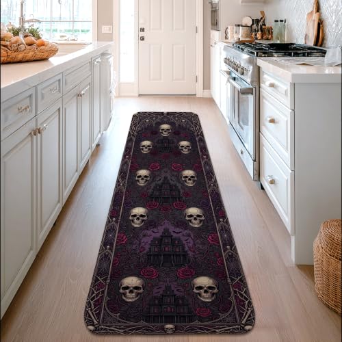 Alfombra de pasillo de calavera rosa embrujada rectangular negra 4
