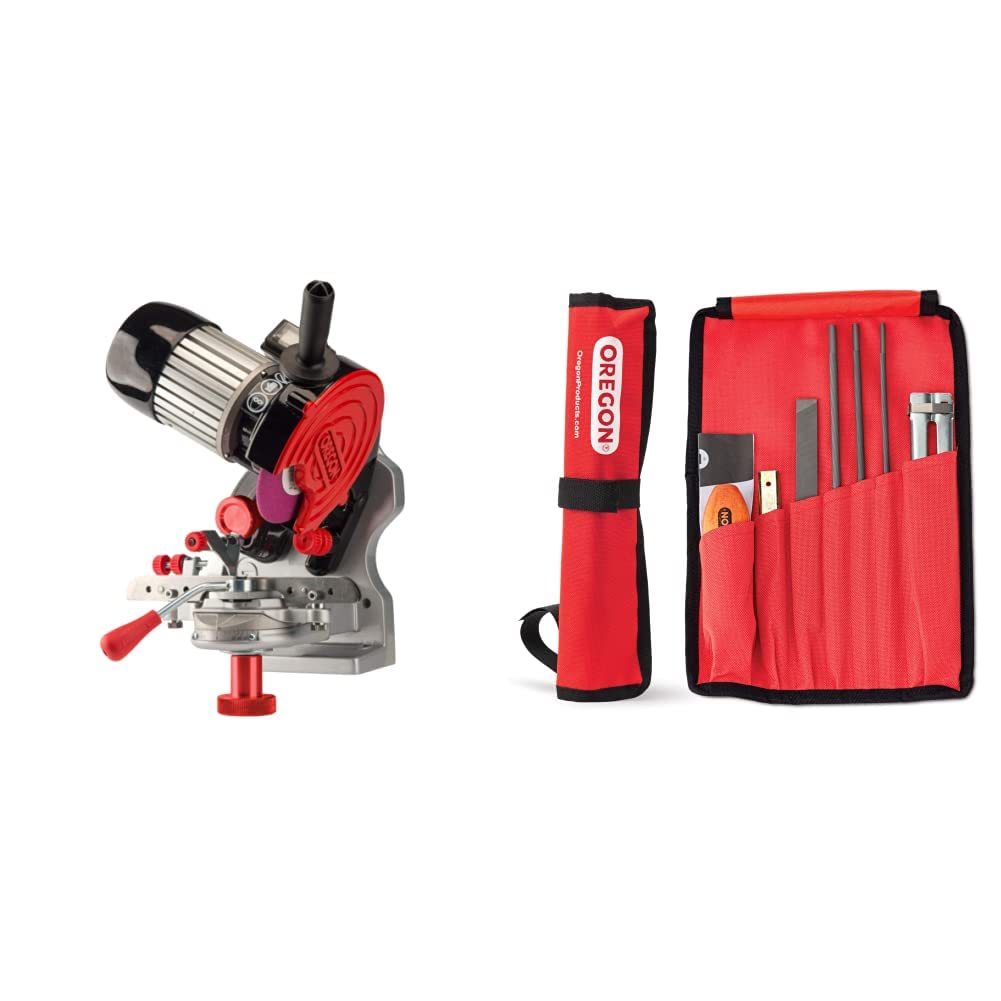 Oregon professionelle 230V Tisch-/Wand Sägeketten Schleifmaschine - grau/schwarz/rot (410-230) & Universal-Kettensägen-Feilensatz, Kettensägen Schärfgerät Wartungssatz für Sicheres, Akku (617067)