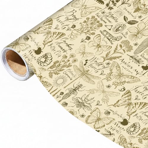 Joviwrap Insect Butterfly Wrapping Paper Roll, Vintage Note Style Entomology Wrapping Paper, Nature Moth Insect Floral Botanical Design Gift Wrap DIY Crafts, Party Decor, 17 Inch x 16.4 Feet
