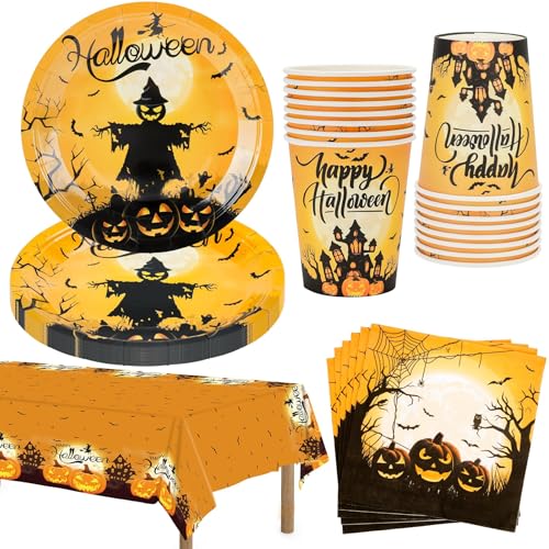 MestectPET 57 Pezzi Stoviglie per Feste Halloween, Piatti Bicchieri Tovaglioli e Tovaglia di Carta per 16 Ospiti, Set di Stoviglie per Halloween Home Party Supplies Decorazione da Tavola