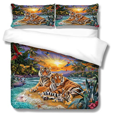 RQXRTR Housse De Couette 140X200cm Bebe 3D Imprimé Tigre Animal De Plage 3 Pièces Parure De Lit en Microfibre, Parure De Couette 1 Personnes avec Fermeture Éclair Et 2 Taies d'oreiller 65X65 cm