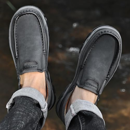 Men's Slip On Leather Loafers Retro Waterproof Driving Shoes with Hand-Stitched Thick Collar Slip-Resistant Comfort Low top Walking Shoes for Office Work, Travel & Outdoor3