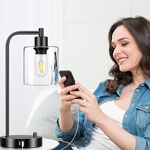 Nintiue N190062P1 Industrial Table Lamp With 2 Usb Charging Ports, Fully Stepless Dimmable Modern Nightstand Lamp, Glass Shade Bedside Desk Lamp thumb #6
