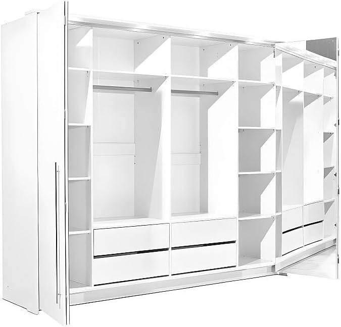 ആംഗിൾഡ് ഇന്റീരിയർ view of the Ingina wardrobe with doors partially open, highlighting storage compartments.