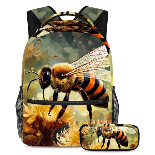 Sac à dos avec trousse style abeille dorée pour les cours au lycée et les sorties de week-end