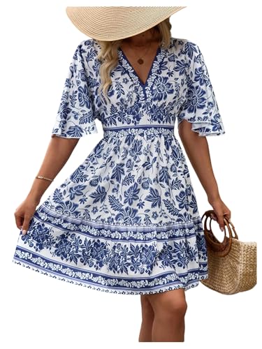 Floerns Women's Floral A Line Dress Butterfly Sleeve V Neck Beach Vacation Short Dresses