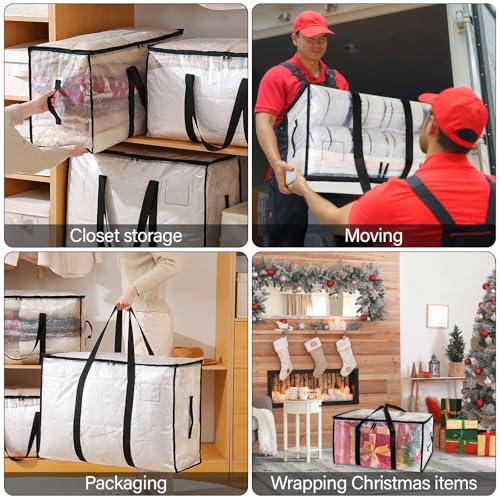 Pavlleen 4 Stück 90L Große Aufbewahrungstasche mit Deckel,Transparente Plastik Aufbewahrungstasche,mit Reißverschlüssen Griff,wasserabweisend,für Bettdecken,Kleideraufbewahrung,Hausbedarf