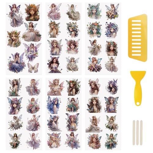 WANDIC 6 Feuilles Autocollants de Transfert à Frotter,Autocollants de Transfert pour Meuble Motif Fée Pailleté Scrapbooking Décalcomanies Imperméables...
