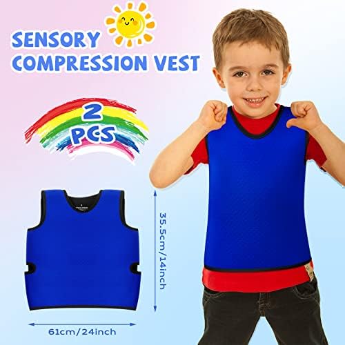 2 Pieces Weighted Sensory Compression Vest for Kids Breathable Deep Pressure Comfort Weighted Vest for Kids Autism, Hyperactivity, Mood Processing Issues (Blue, Small 14 x 24 Inch)