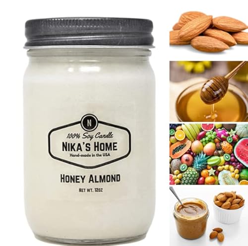 Nika's Home Honey Almond Soy Candle 12Oz Mason Jar Non-Toxic White Soy Handmade, Long Burning 50-60 Hours Highly Scented All Natural, Clean Burning Large Candle Gift Décor #TOP7