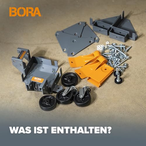 BORA Mobile Basis Set PM-1100 – Universelles Rollset, 180 kg Tragkraft, für Tischkreissäge, Bandsäge & Holzbearbeitungsmaschinen, Orange/Grau