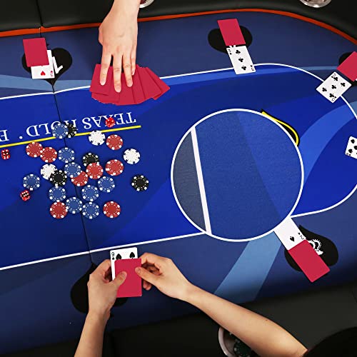 Koreyosh 10 Player Folding Poker Table 84'' Casino Poker Table Texas Holdem Poker Table Game Table With Stainless Steel Cup Holder(Blue) #TOP6