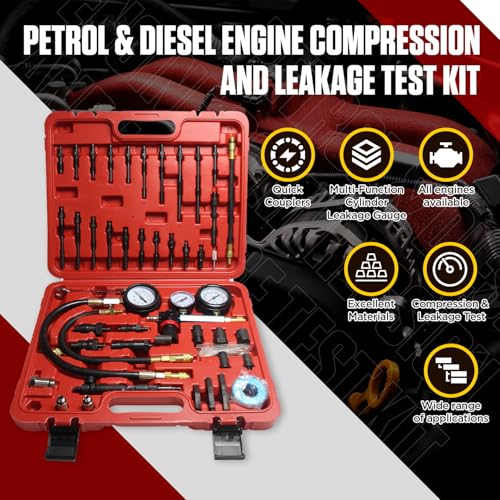 Compression and Leakage Test Kit 47PCS Petrol & Diesel Engine Compression Tester Automotive Cylinder Leak Down Tester Kit with Dual Gauge Engine Compression Tester Kit for HDi, TDCi, Pumpe Duse Engine - Thumbnail 2