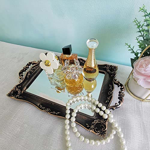 Yamfurga Rectangle Decorative Mirror Tray, French Style, Makeup Organizer, Jewelry Organizer, Serving Tray, 9.5"X 14.9", Golden Black #TOP4