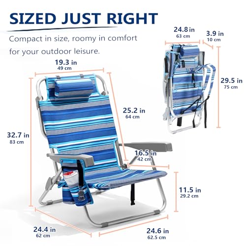 5-Position Aluminum Lay Flat Tall Beach Chair, Compact Portable Backpack Beach Chair for Adults with Cooler Pouch, Storage Pouch, Towel Bar, Cup Holder & Phone Holder, Blue Stripe by PASAMIC - Image 6