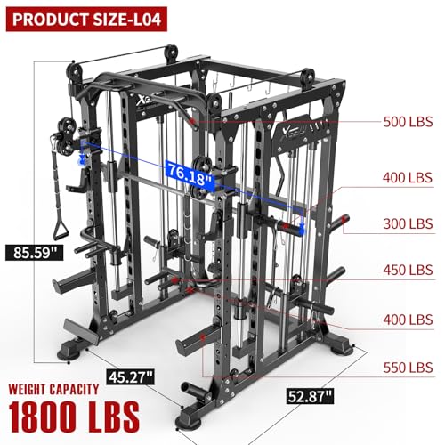 XGSW XINGESIWR Multi-Purpose Squat Rack,Smith Machine Weight Rack Set with Cable Crossover System, Home Gym Power Racks, Power Racks and Packages (L04, Power cage Black+Bench)