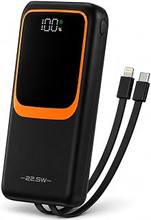 Carregador Portátil Universal 20.000mah Power Bank Turbo 22.5w Power Delivery Compatível Com iPhone e Android Com Display Digital e Cabos Tipo-C e Lightning Integrados Homologado Anatel