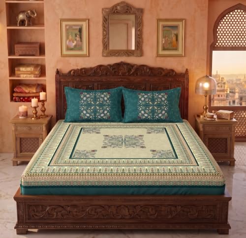 Image of VAS COLLECTIONS 240 TC Cotton King Size Fitted Bedsheet, Premium Soft Breathable Stretchable Mattress Sheet, Skin Friendly Durable Printed Bed Cover for Double Bed, 72 x 78 + 10 Inches - Spruce Green