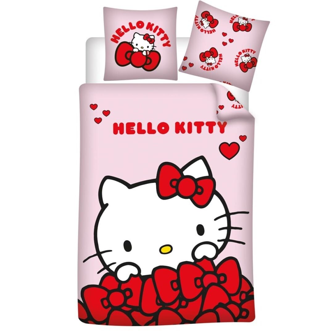 Aymax Pink Hello Kitty Single Bedding Set, Reversible Duvet Cover 140 X 200 Cm + Pillowcase 65 X 65 Cm, Polycotton