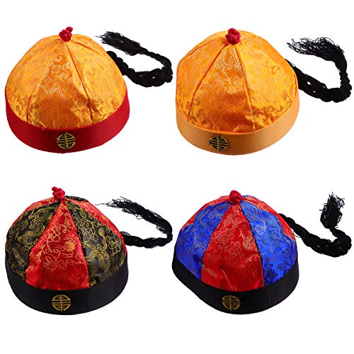 JOINPAYA Chapeau Traditionnel Chinois Vintage pour Garçon et Filles 7-15 Ans, Tissu Doux et Respectueux Peau avec Tresses, Lot de 4 Chapeaux Créatifs pour...