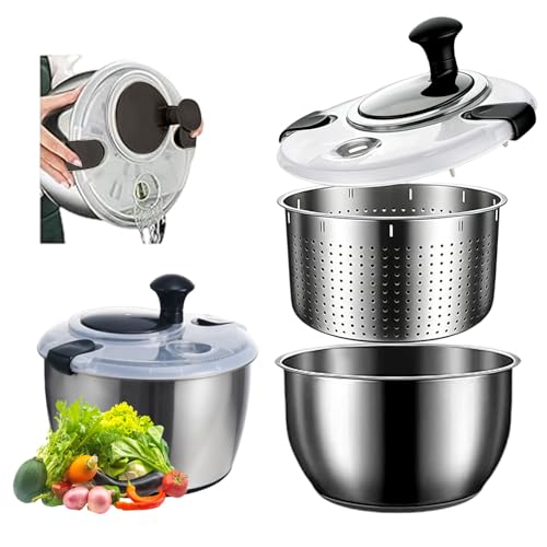 5L Salatschleuder Salatschleuder Edelstahl Salatschleuder Mit Deckel Lebensmittelecht Edelstahl Rutschfester Sockel Effizient zur Salatzubereitung & Lebensmittelreinigung (Edelstahl 304)