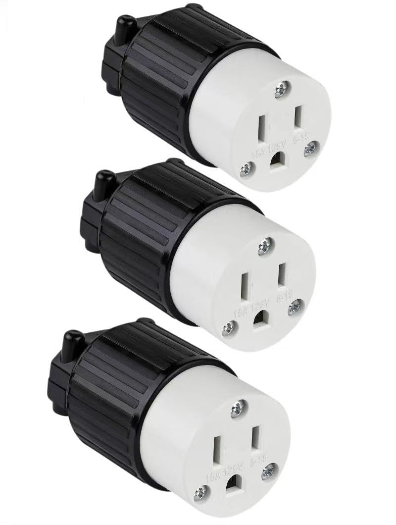 [3 Pack] NEMA 5-15R Straight Blade Plug Connector, Female Plug Replacement Cord Outlet Black&White, 15 Amp 125 Volt, 2 Pole 3 Wire Grounding Electrical Plug, Industrial Grade Heavy Duty Adapter