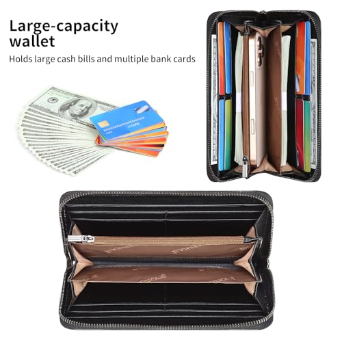 Men's Genuine Leather Zipper Wallet with RFID Blocking, Phone Pocket，Long Zipper Pouch Wallet (Black)2