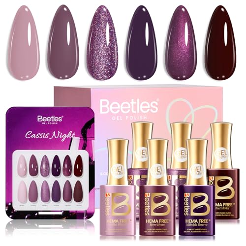 Image of Beetles Purple Gel Nail Polish - HEMA-Free 15ML Full Size 6 Colors Dark Purple Glitter Shimmer Color Gel Nail Polish Set Cassis Night Collection Kit with Swatch Card Home Salon Soak Off UV LED Gifts