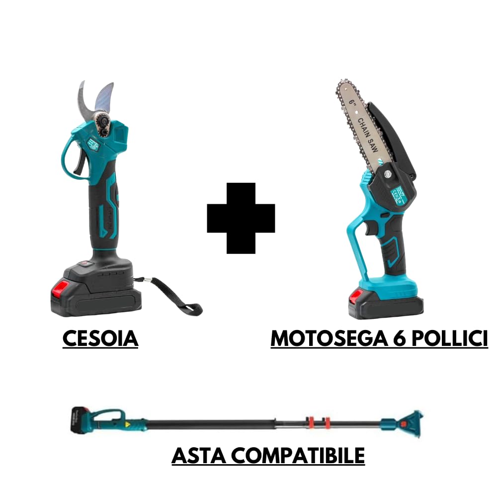 Forbice da Potatura a Batteria, Motosega a Batteria 6 Pollici incluso, + Asta Telescopica 128-248cm, Kit 3 in 1, Cesoie Elettriche per Potatura Giardino Rami Arbusti Vigneto GO LOGISTIC SRL