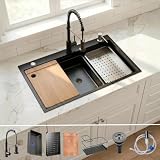 30 Inch Black Drop-In Stainless Steel Kitchen Sink: Single Bowl Deep Scratch Resistant 16 Gauge Workstation with Faucet & Accessories Combo...