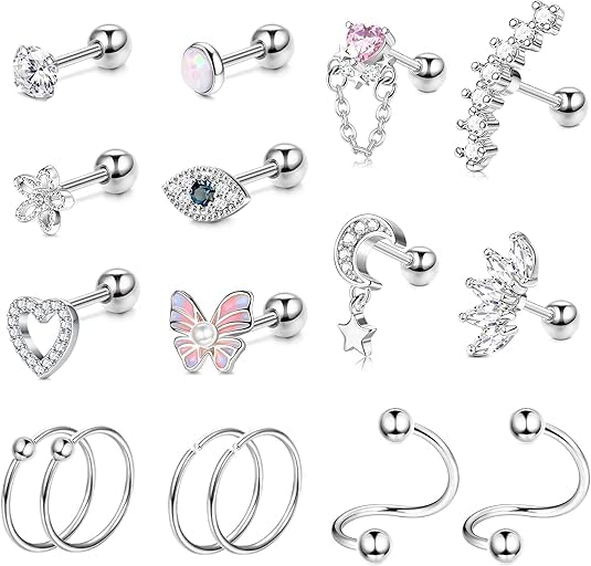 FUNRUN JEWELRY16 G Cartilage Earrings Stud for Women Men Stainless Steel Stud Earrings Hypollergenic CZ Butterfly Heart Helix Tragus Piercing Jewelry