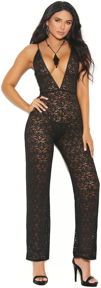 Sexy Astound Deep V Black Lace Jumpsuit 
