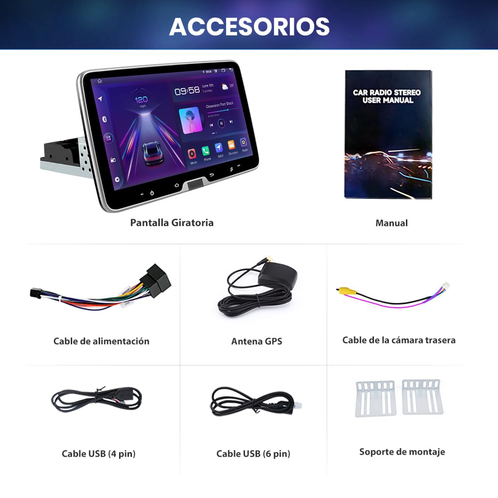 Junsun Android 13 Radio Coche 1 DIN, 10" Pantalla Táctil Giratoria con CarPlay, GPS, Bluetooth/29UI con Botón Deslizante
