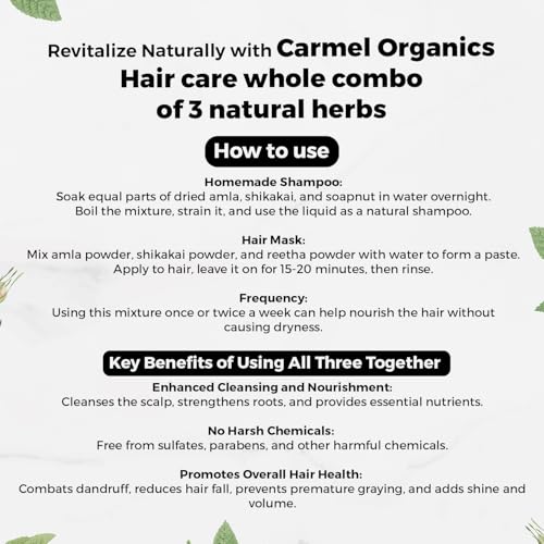 Image of CARMEL ORGANICS Amla, Shikakai & Soapnut /Reetha Whole Combo - 100g Each | Natural Hair Care Trio | Herbal Cleanser & Conditioner, No Added Preservatives