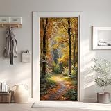 Forêt Nature Automne Poster de Porte 3D Trompe L'oeil, Chemin Auto Adhésif Sticker Porte pour Chambre Cuisine, Feuilles Caduque Stickers Autocollants de Porte 73x205 cm