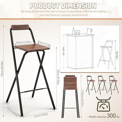 Sintuff 1 Pcs Folding Bar Stool with Backrest 29.5 Inch Portable Tall Foldable Stool Chair Metal High Folding Bar Chair Wooden Seat for Bars, Kitchen, Outdoor Shop, Parties, Cafes Walnut Color