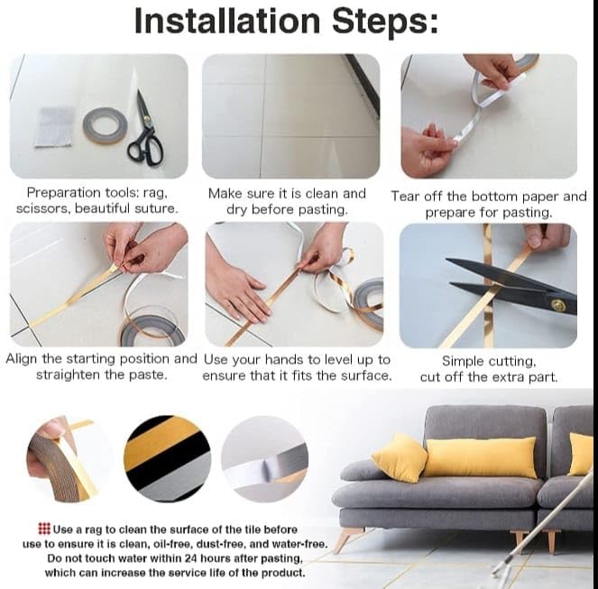 KANAKADHARA 50 Meters Tile Decoration Golden Tape, Home Floor Wallpaper Waterproof Tiles gap Stickers for Floor, Gap Sealing Self-Adhesive Tape Strip for Wall, Cabinet, Kitchen (0.50 CM Wide,50M) 2