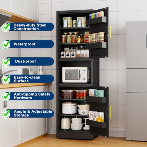 Image of Tall Narrow Pantry Cabinet for Kitchen, 67 inch H Metal Storage Cabinet with Inner Door Storage Racks, Doors & 3 Adjustable Shelves for Dining Room, Living Room, Home Office, 20 inches Wide, Black