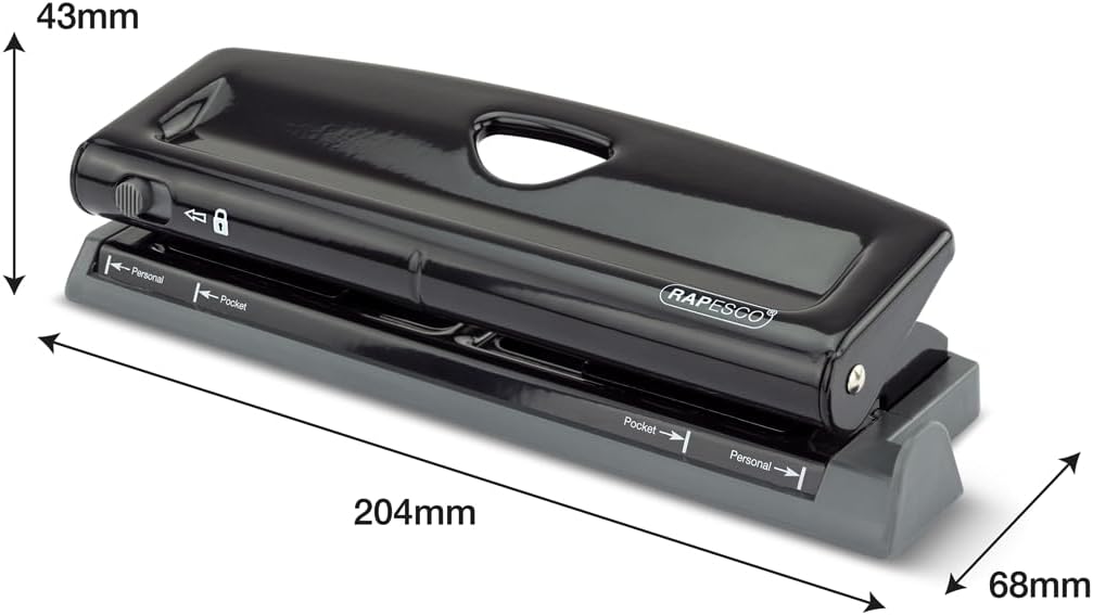 Rapesco 1725 Adjustable 6-Hole Punch, 4 x Different Positions, 9 Sheets Capacity, Metal Six Holes Puncher with Lock-Down Handle, Works with A5, A6, Compact, Slimline, Pocket, Filofax Mini, Black