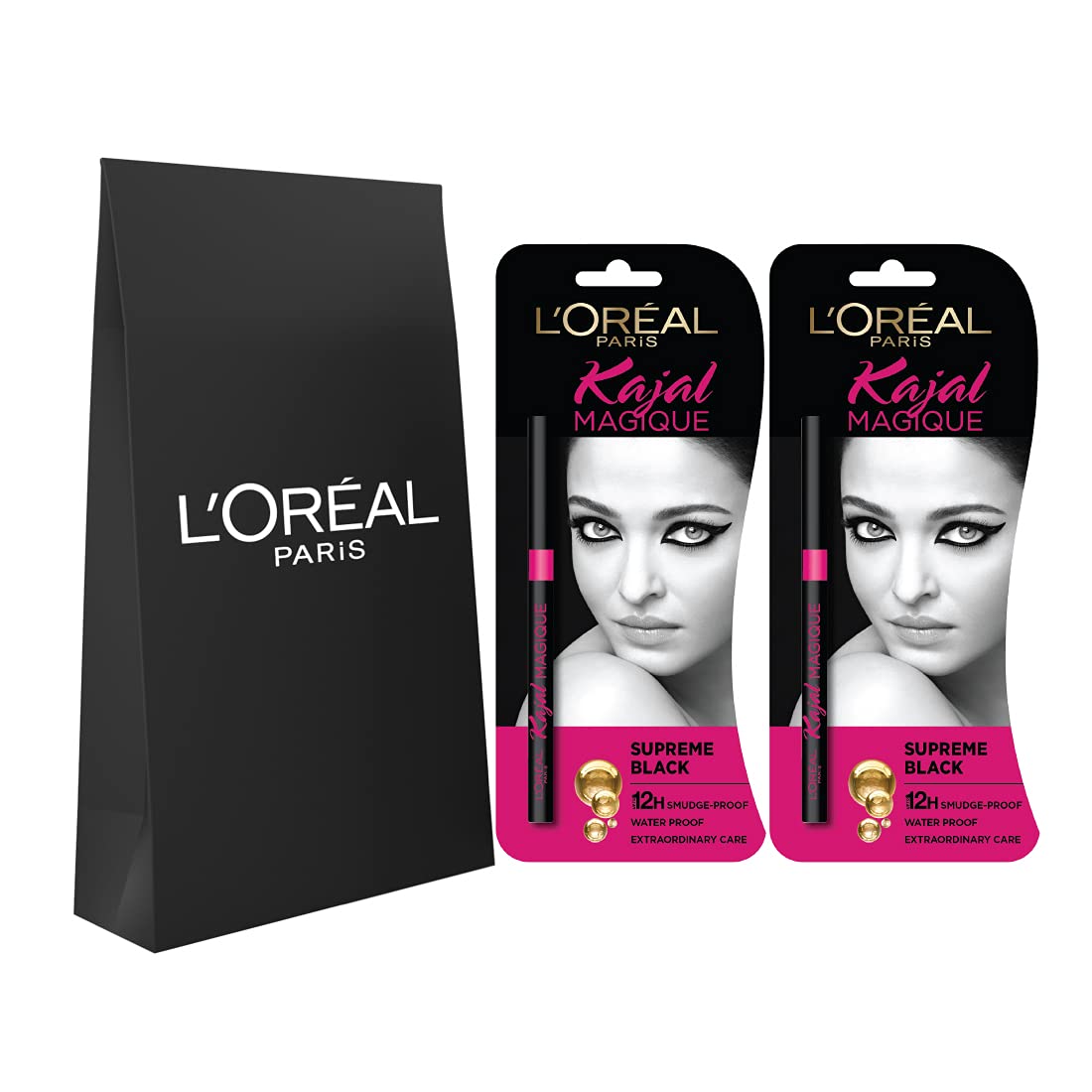L'Oréal Paris Kajal, Waterproof Eyeliner, 14 Hours of Smudge-Proof Wear, With Vitamin E, Cocoa Butter, Olive Oil Esters and Vitamin C, Magique, Pack of 2, 0.35 + 0.35 gm
