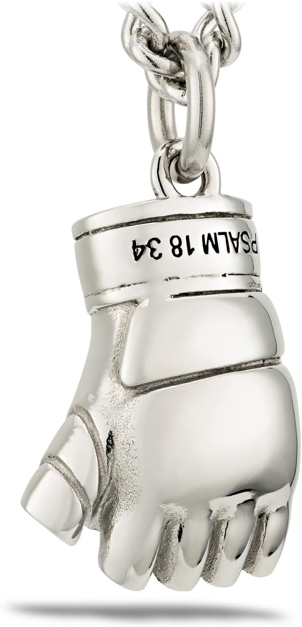 Shields of Strength Women's Stainless Steel Boxing Glove Necklace- Psalm 18:34