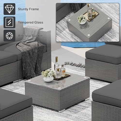 Patiomore 7-Piece Outdoor Patio Sectional Sofa Sets, Grey PE Wicker Furniture Set with Glass Coffee Table, Grey Cushion