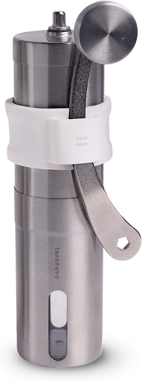 Teranuvo Manual Coffee Grinder with Handle Holder (White) - 18 Adjustable Settings, From Extra Course to Ultra Fine Grind, High Grade Conical Ceramic Burr Mill, Brushed Stainless Steel