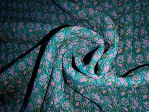 Tissu en mousseline de soie vert à rayures roses 111cm pour couture