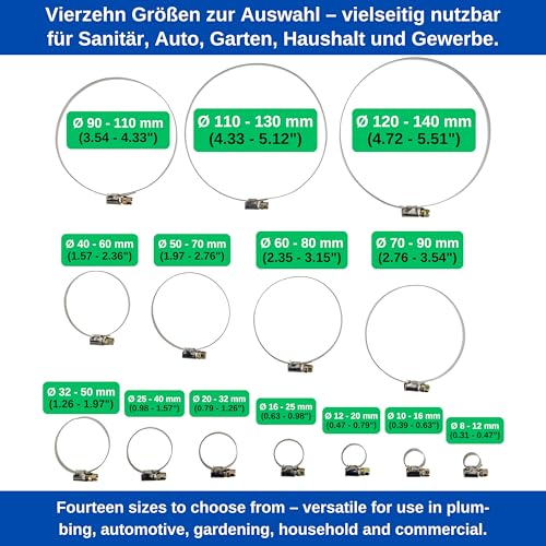 Schlauchschellen mit Schneckenantrieb, 12 Stück, Spannbereich Ø 10-16 mm, für 1/2\ Schläuche, W2 Edelstahl, Kreuzschlitz SW 7, 9 mm Bandbreite, Fixierung von Waschmaschine, Spülmaschine Anschluss