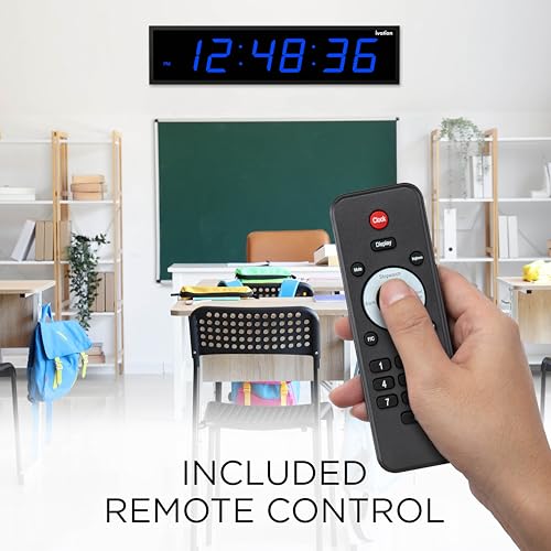 Image of Ivation Oversized Digital Wall Clock with Large LED Display & Timer, 60 inch | Multi-function with Timer, Stopwatch, Alarms, Temp & Date, Aluminum frame, 6 Brightness levels, Time memory, Remote | Blue