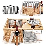 Wicker Picnic Basket for 2 with Detachable Table, Elasticated Wine Holder, Shoulder Carrying Willow Picnic Hamper Set with Premium Tableware & Blanket for Outdoor, Wedding, Anniversary, Birthday Gift