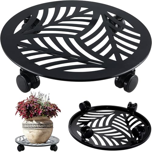 1 Packs Large Metal Plant Caddy with PU Wheels 13.6" Heavy-Duty Wrought Iron Rolling Plant Stands Indoor Outdoor Wheeled Plant Dolly Planter Mover Rollers Plant, Leaf Style