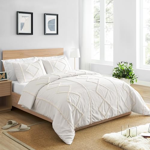 Bohemian Boho Chic Ivory Macrame Tufted Geometric 3 pc. Full