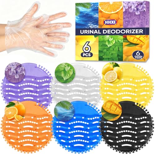 HHXI 6 PACK Urinal Deodorizer Screen with 100 Gloves-Individually Wrapped 3D Wave Anti-Splash Odor Protection Urinal Cakes for Men Toilets 6 Scents Urinal Mats